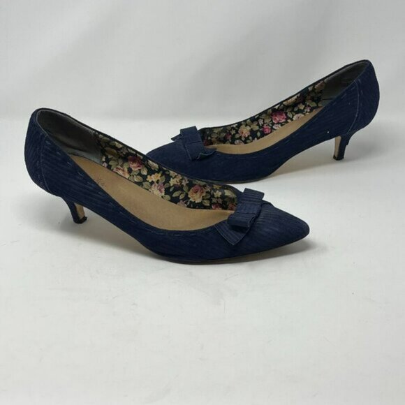 Seychelles women's Apostrophe blue corduroy kitten heel pumps 11 shoes bow - Picture 4 of 10